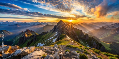 Dramatic Mountain Peak at Sunrise with Majestic Sky and Clouds, Featuring Scenic Landscape Views Perfect for Hiking and Adventure Travel Enthusiasts Seeking Breathtaking and Serene Natural Beauty. photo