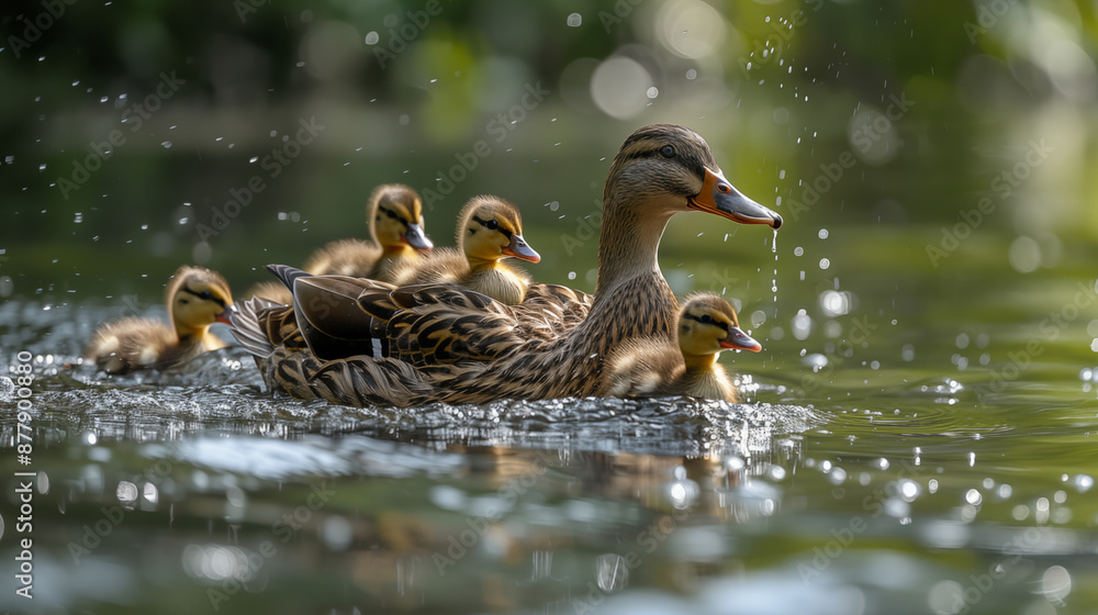 Obraz premium Mother duck with wild ducklings swimming in a lake. Concept of nature, wildlife, and family.