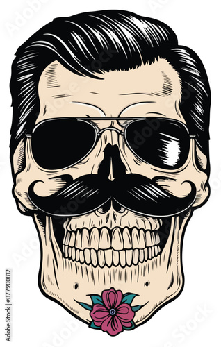 A strikingly detailed pop art sticker of a skull adorned with a handlebar mustache and a stylish posh undercut haircut against a solid black background. The image, reminiscent of a painting, features 