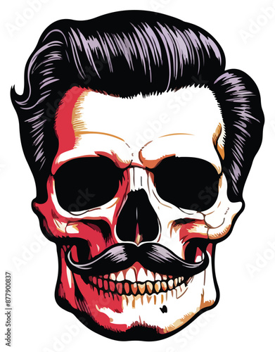 A strikingly detailed pop art sticker of a skull adorned with a handlebar mustache and a stylish posh undercut haircut against a solid black background. The image, reminiscent of a painting, features 