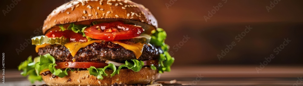 Delicious homemade cheeseburger with fresh lettuce, juicy tomato, and melted cheese on a sesame seed bun, perfect for a tasty meal. Delicious homemade cheeseburger with fresh lettuce, juicy tomato, and melted cheese on a sesame seed bun, perfect for a tasty meal.