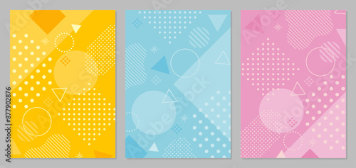 メンフィス　背景　幾何学　黄色と水色とピンクのセット　POP A4