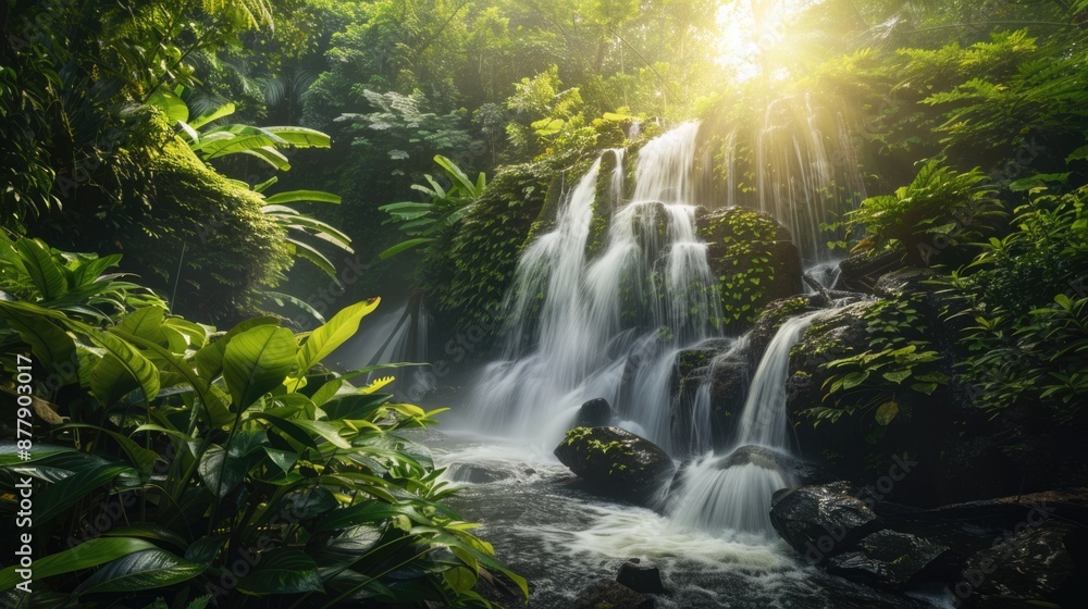 Waterfall Cascading Through Verdant Forest in Long Exposure Capture Waterfall Cascading Through Verdant Forest in Long Exposure Capture