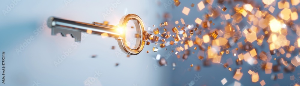 Golden key amidst sparkling particles, symbolizing success, opportunity, and unlocking potential. A concept of innovation and new beginnings. Golden key amidst sparkling particles, symbolizing success, opportunity, and unlocking potential. A concept of innovation and new beginnings.