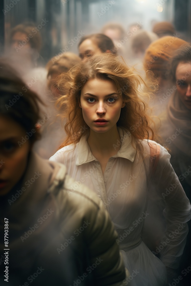 Obraz premium Surreal Image of a Woman Disappearing Amidst People