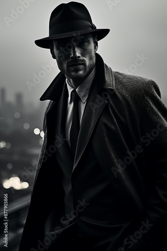 Film-Noir Detective in Trench Coat and Fedora Overlooking Cityscape