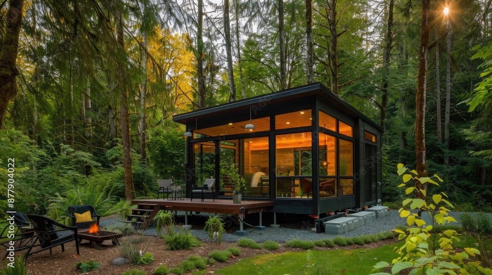 Fototapeta premium Tranquil Retreat: Contemporary Tiny House Nestled in Picturesque Nature
