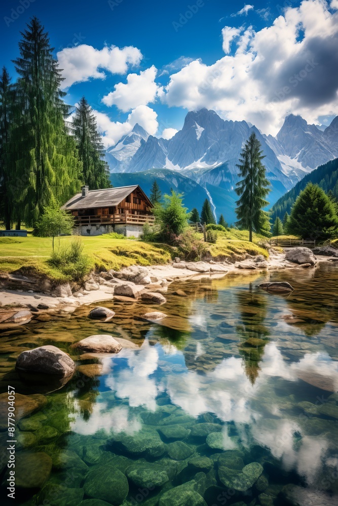 Fototapeta premium Scenic Log Cabin by a Lake in the Majestic Mountains