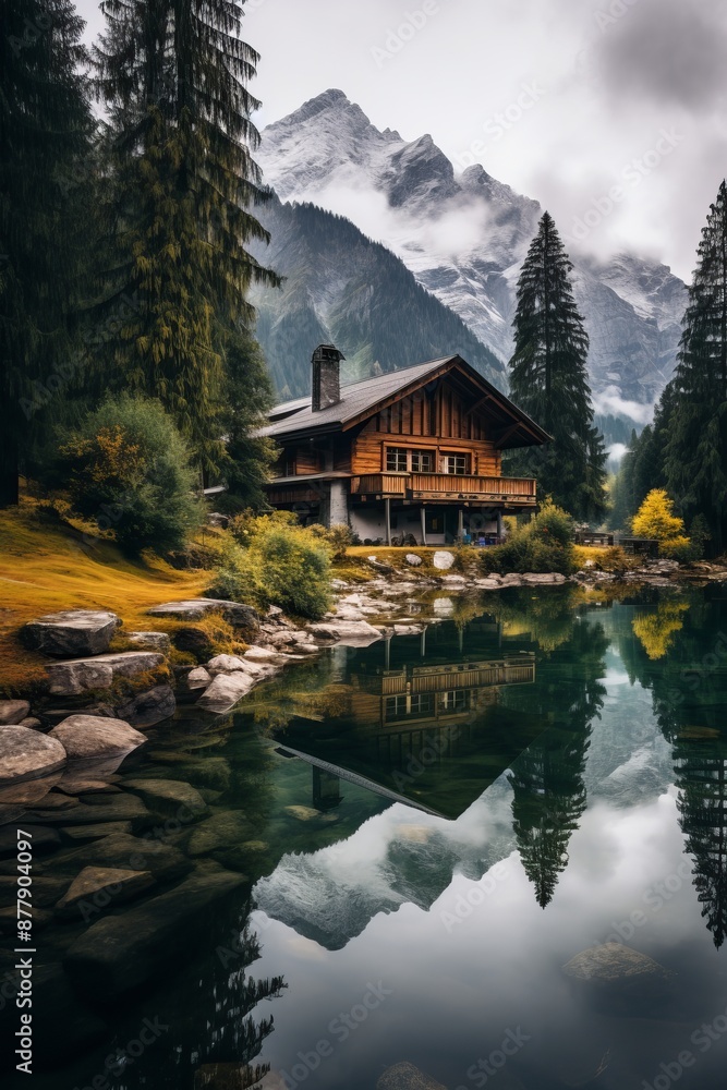 Fototapeta premium Cozy Mountain Cabin by a Serene Lake with Snowy Peaks