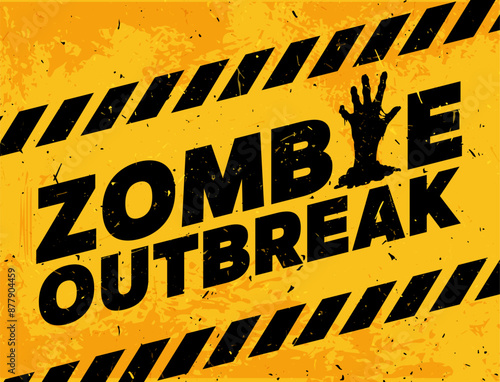 Halloween zombie monster outbreak warning caution, danger apocalypse. Vector awareness banner with yellow background, black grungy typography and creepy hand of corpse emerging from the ground
