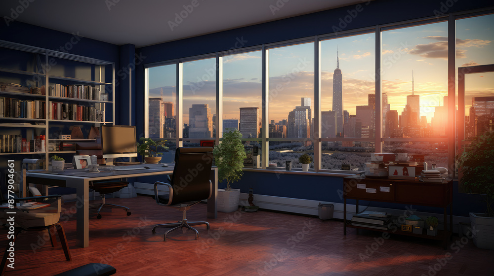 Modern Office Interior with Stunning City Sunset View Modern Office Interior with Stunning City Sunset View