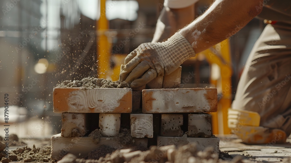 construction worker's hands are placing a brick in position background,generative ai construction worker's hands are placing a brick in position background,generative ai
