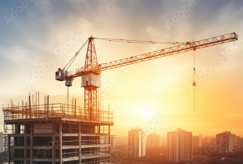 Sunset Skyline and Construction Site with Crane