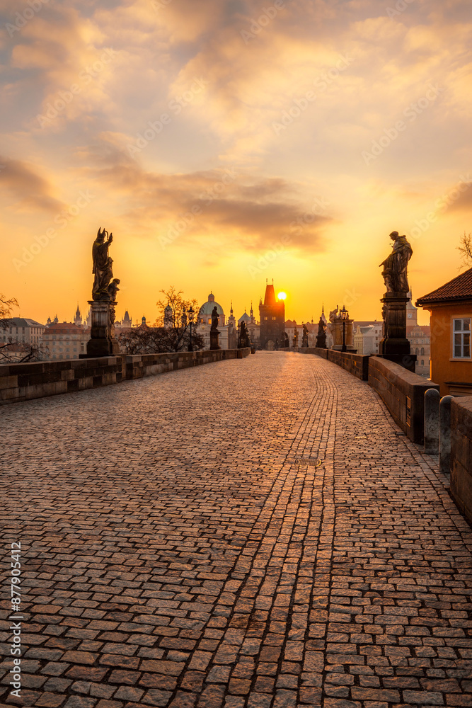 Obraz premium View of the city of Prague and the Vltava river with Old Town Bridge Tower on Charles bridge in Prague, Czech Republic.
