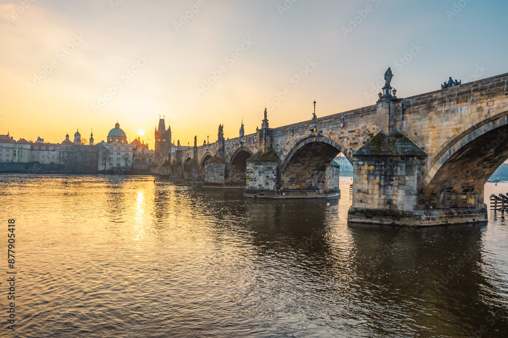 Fototapeta premium View of the city of Prague and the Vltava river with Old Town Bridge Tower on Charles bridge in Prague, Czech Republic.