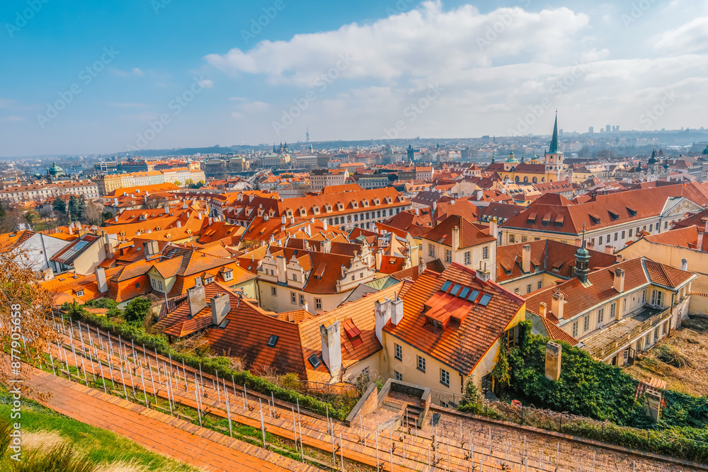 Naklejka premium View of the city Prague and the Vltava river with Charles bridge from prague castle, hradcany in Prague, Czech Republic.