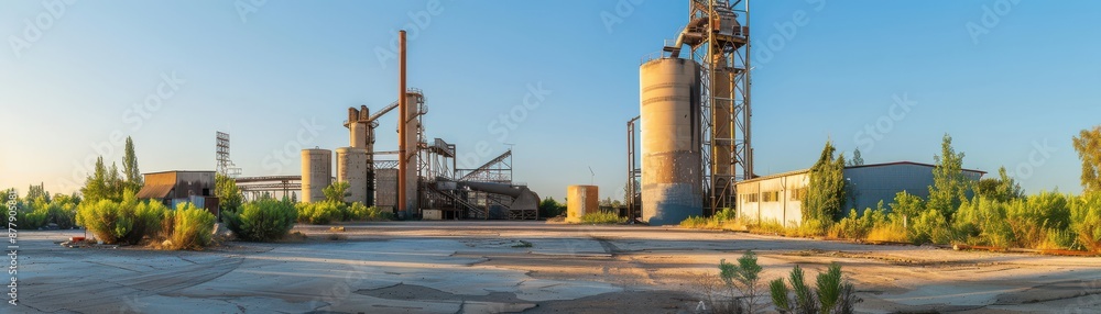 Panoramic view of an abandoned industrial site with silos and equipment surrounded by overgrown vegetation under a clear blue sky. Panoramic view of an abandoned industrial site with silos and equipment surrounded by overgrown vegetation under a clear blue sky.