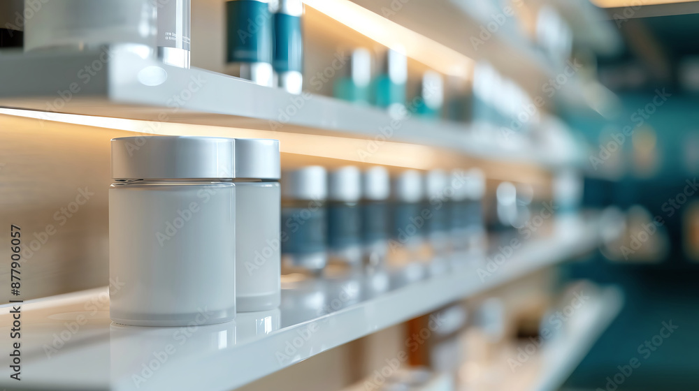 Empty white display shelf, cosmetics, well-lit store, close-up, front view, Empty white display shelf, cosmetics, well-lit store, close-up, front view,
