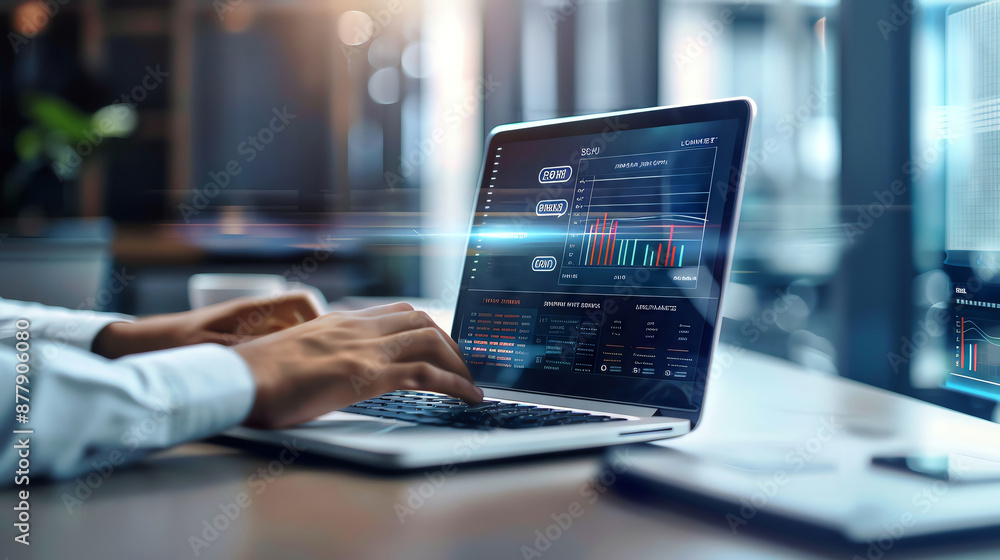 Close-up of a businessman's hands typing on a laptop, with a glowing screen displaying data and graphs. Close-up of a businessman's hands typing on a laptop, with a glowing screen displaying data and graphs.