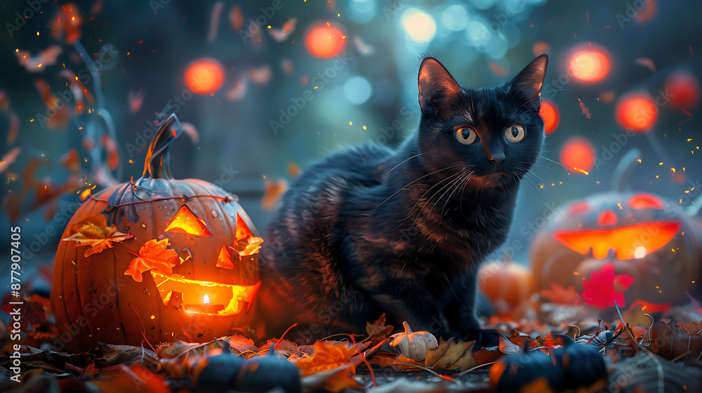 A realistic, adorable black cat sitting among Halloween pumpkins with spooky carvings, glowing from within, surrounded by autumn leaves and eerie decorations. Generative AI illustration A realistic, adorable black cat sitting among Halloween pumpkins with spooky carvings, glowing from within, surrounded by autumn leaves and eerie decorations. Generative AI illustration