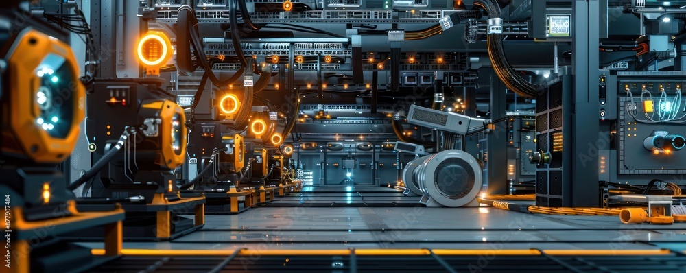 A large-scale server farm with advanced cooling systems, LED indicators, and robotic maintenance units, highlighting the infrastructure behind modern internet networks. A large-scale server farm with advanced cooling systems, LED indicators, and robotic maintenance units, highlighting the infrastructure behind modern internet networks.