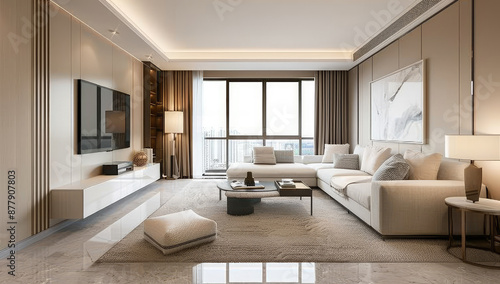 Modern living room with a beige and white color scheme. The space features a sofa combination with a coffee table and TV cabinet. Created with Ai © Image Innovate