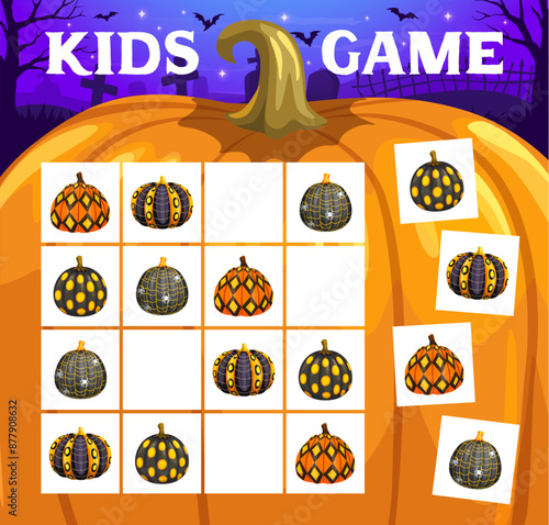 Halloween kids sudoku game with patterned pumpkins. Vector riddle worksheet with cartoon painted holiday gourds on checkered board. Educational children crossword teaser, recreational boardgame task