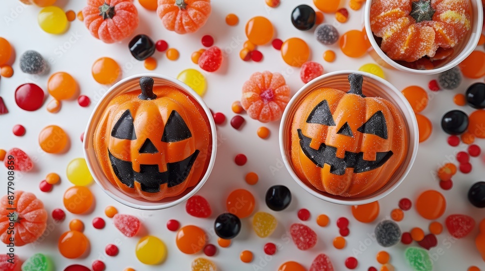 Halloween pumkin cupcakes with Witch hats and spiders,white ghosts isolated on white background,Cupcakes on dark and smoke,Spooky Sweets for kids on Halloween,copy space. Halloween pumkin cupcakes with Witch hats and spiders,white ghosts isolated on white background,Cupcakes on dark and smoke,Spooky Sweets for kids on Halloween,copy space.