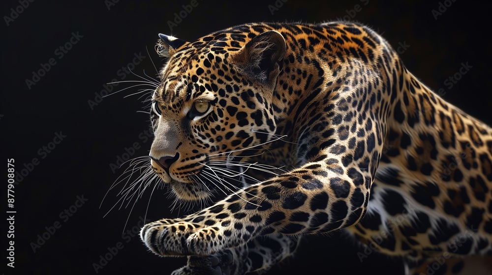 Fototapeta premium A leopard strikes a dramatic pose, muscles taut, eyes focused, exuding grace and power, captivating tension.