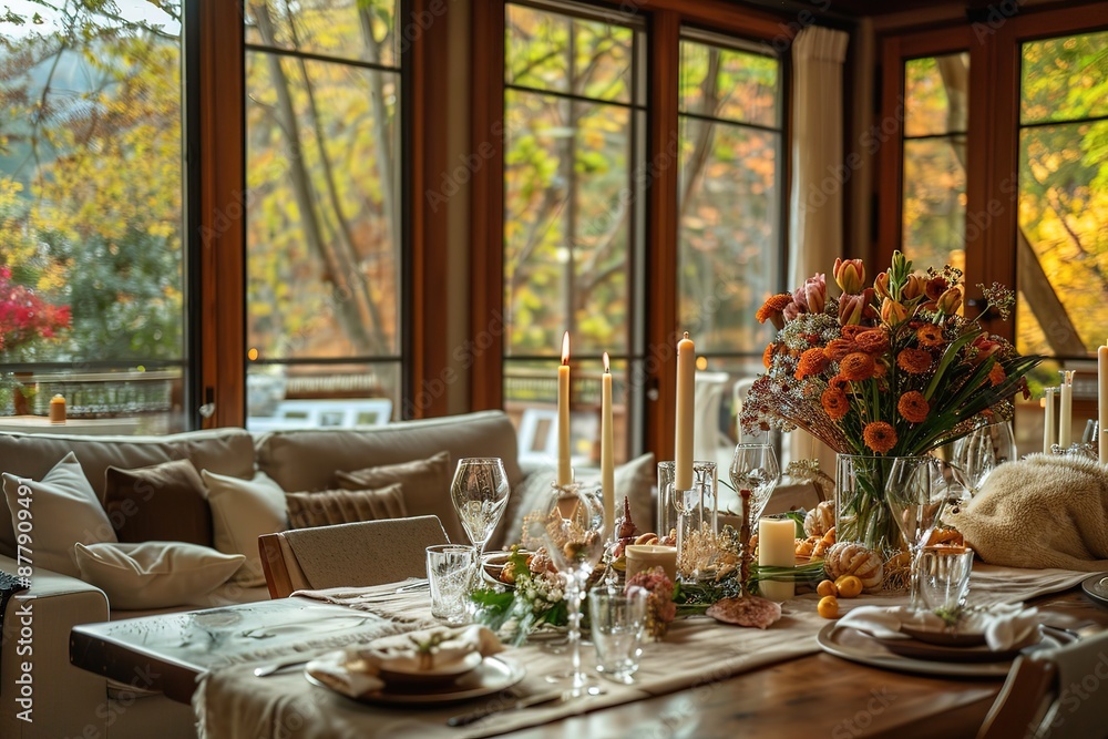 table in the backyard of the house decorated in autumn style. berries, dried flowers, figurines of ducks, candles and pumpkins as a traditional decoration. table in the backyard of the house decorated in autumn style. berries, dried flowers, figurines of ducks, candles and pumpkins as a traditional decoration.