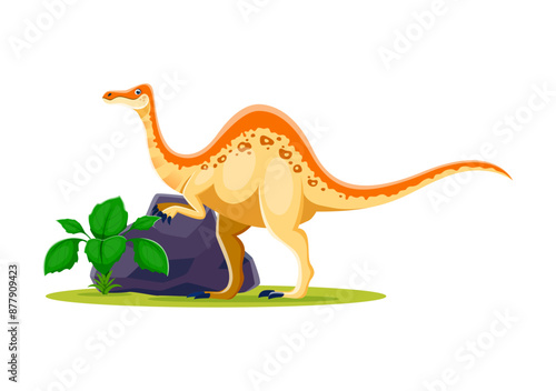 Cartoon prehistoric deinocheirus dinosaur character. Isolated vector genus of large theropod dino from the late cretaceous period. omnivore animal stands near the large boulder surrounded by shrubbery