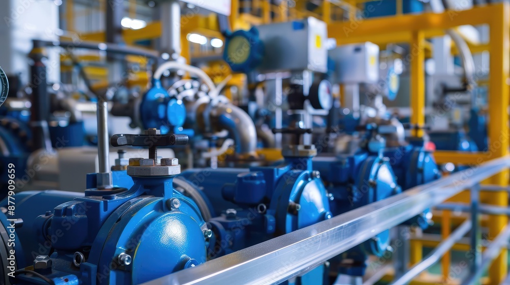 Blue Industrial Pumps in Modern Processing Plant Blue Industrial Pumps in Modern Processing Plant
