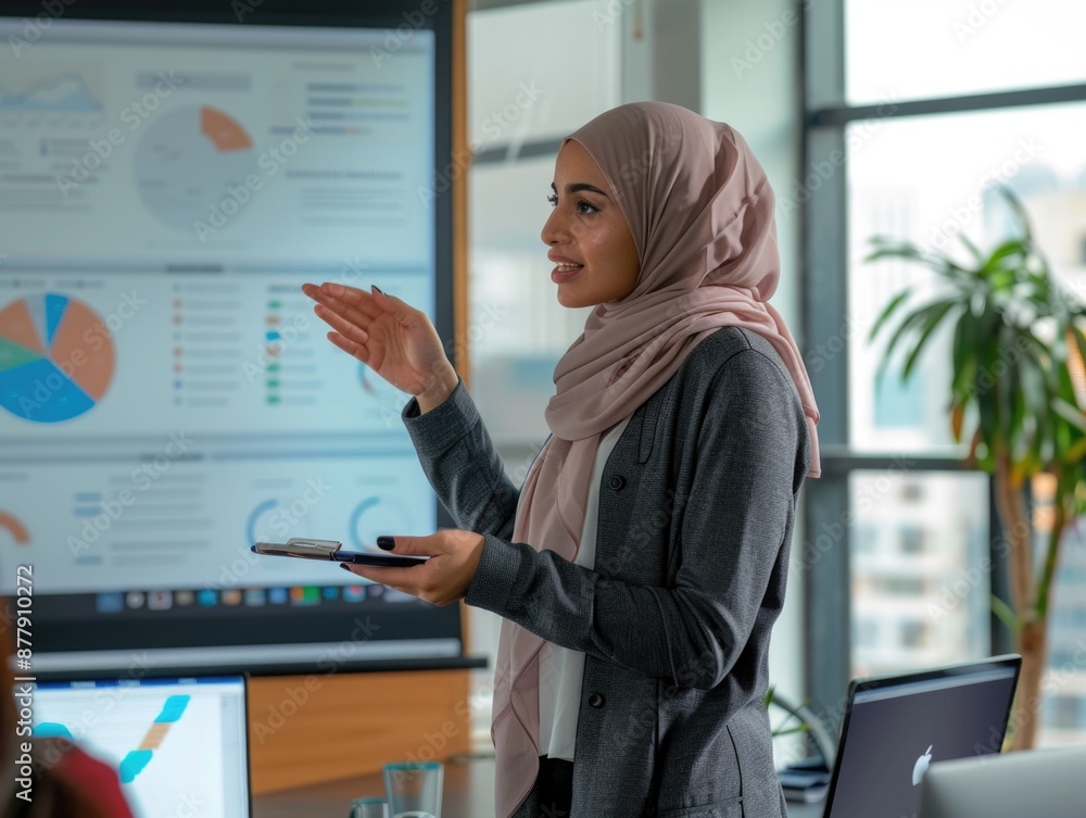 A Muslim woman in a hijab delivers a presentation, possibly in an educational or professional setting A Muslim woman in a hijab delivers a presentation, possibly in an educational or professional setting