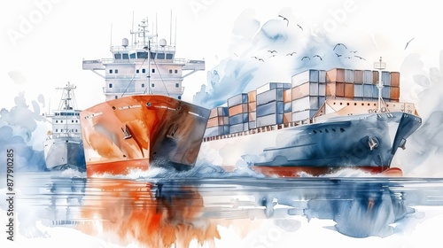 watercolor illustration of transportation industry with cargo ships and logistics operations, flat design, isolated white background