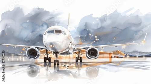 watercolor illustration of airport with airplanes, aviation industry concept, flat design, isolated white background
