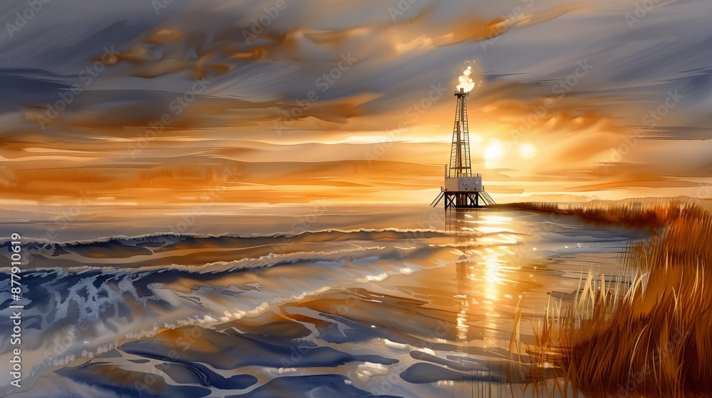 Fototapeta premium watercolor illustration of remote oil and gas exploration site at sunset, flat design, isolated white background