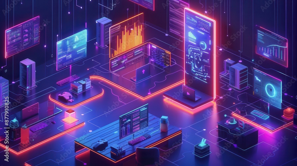 Innovative startup group engaged in solving puzzle pieces, digital interface, neon lighting, modern workspace, dynamic 3D render Innovative startup group engaged in solving puzzle pieces, digital interface, neon lighting, modern workspace, dynamic 3D render