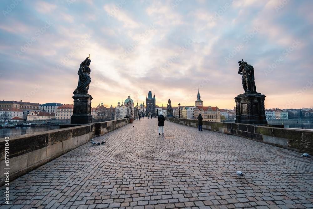 Obraz premium View of the city of Prague and the Vltava river with Old Town Bridge Tower on Charles bridge in Prague, Czech Republic.