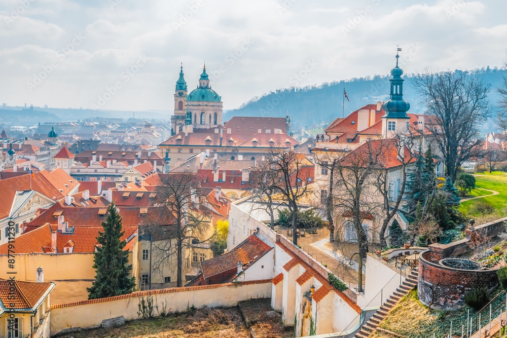 Fototapeta premium View of the city Prague and the Vltava river with Charles bridge from prague castle, hradcany in Prague, Czech Republic.