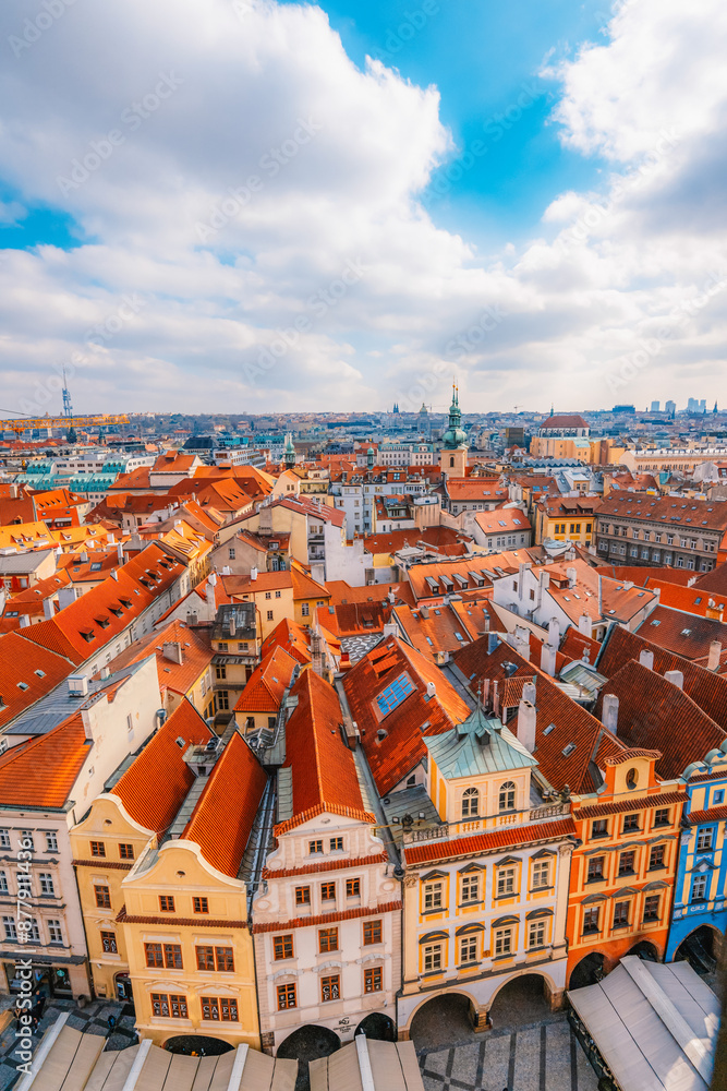 Fototapeta premium View of the city of Prague and old town square with buildings and Church of Our Lady before Tyn in the stare mesto from platform of Old Town Hall (Staromestska Radnice)