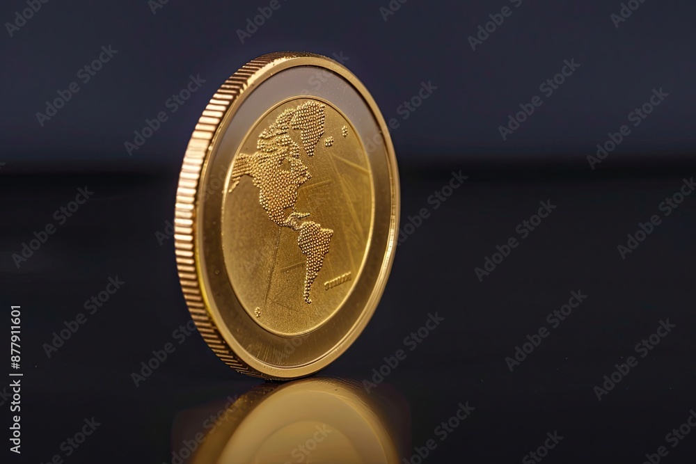 Gold coin with detailed world map design reflecting on black surface Gold coin with detailed world map design reflecting on black surface