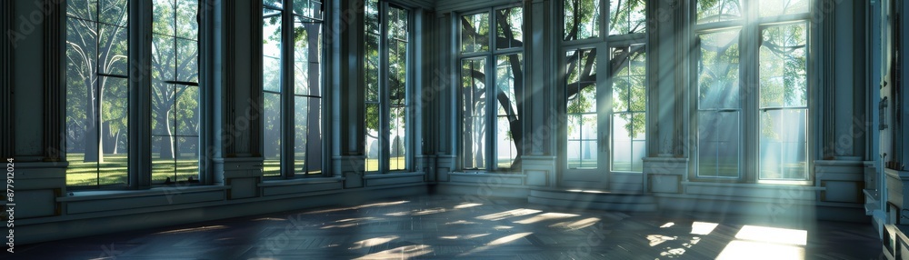 Sunlit empty room with large windows overlooking a serene garden, showcasing natural light and tranquility. Sunlit empty room with large windows overlooking a serene garden, showcasing natural light and tranquility.