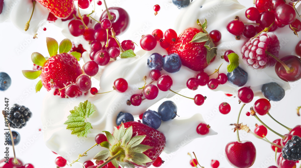 Milkshake with delicious summer berries of strawberries, blueberries, raspberries, blackberries, red currants and cherries. Yogurt with pieces of berries. A healthy breakfast Milkshake with delicious summer berries of strawberries, blueberries, raspberries, blackberries, red currants and cherries. Yogurt with pieces of berries. A healthy breakfast