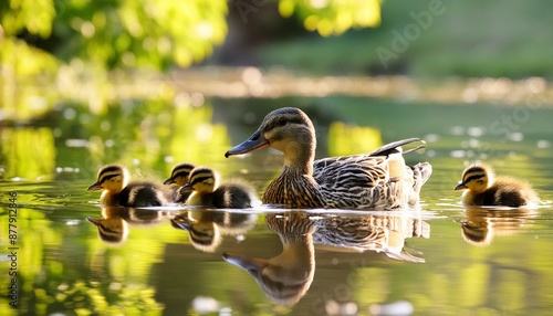 Pondside Harmony: A Mother Duck with Her Baby Ducks