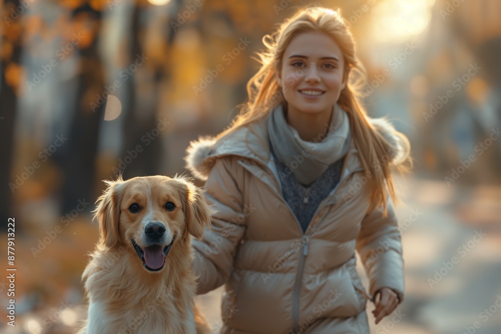 A smiling woman with a golden retriever walks through a park in autumn. This photograph captures the warmth of a sunny day and the bond between owner and pet. A smiling woman with a golden retriever walks through a park in autumn. This photograph captures the warmth of a sunny day and the bond between owner and pet.