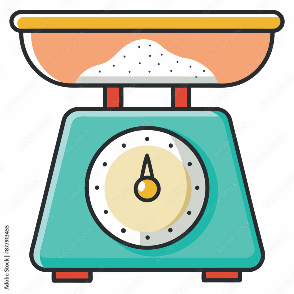 A kitchen scale is used for measuring flour. against a white backdrop A kitchen scale is used for measuring flour. against a white backdrop