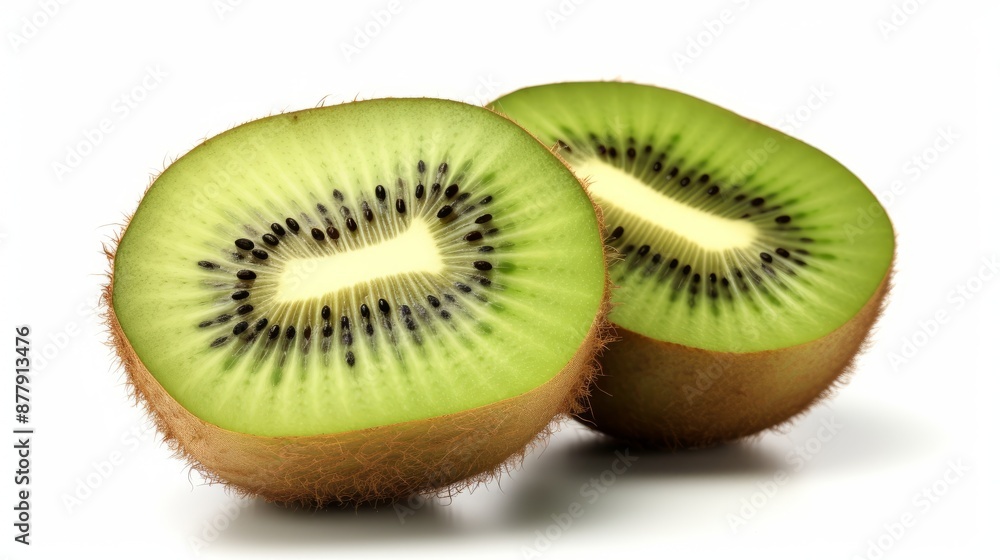 Isolated kiwi fruit cut in halves on white background, fresh and juicy green flesh with brown fuzzy skin, perfect for healthy eating, smoothie recipes, and nutritional diet concepts, high-quality png Isolated kiwi fruit cut in halves on white background, fresh and juicy green flesh with brown fuzzy skin, perfect for healthy eating, smoothie recipes, and nutritional diet concepts, high-quality png