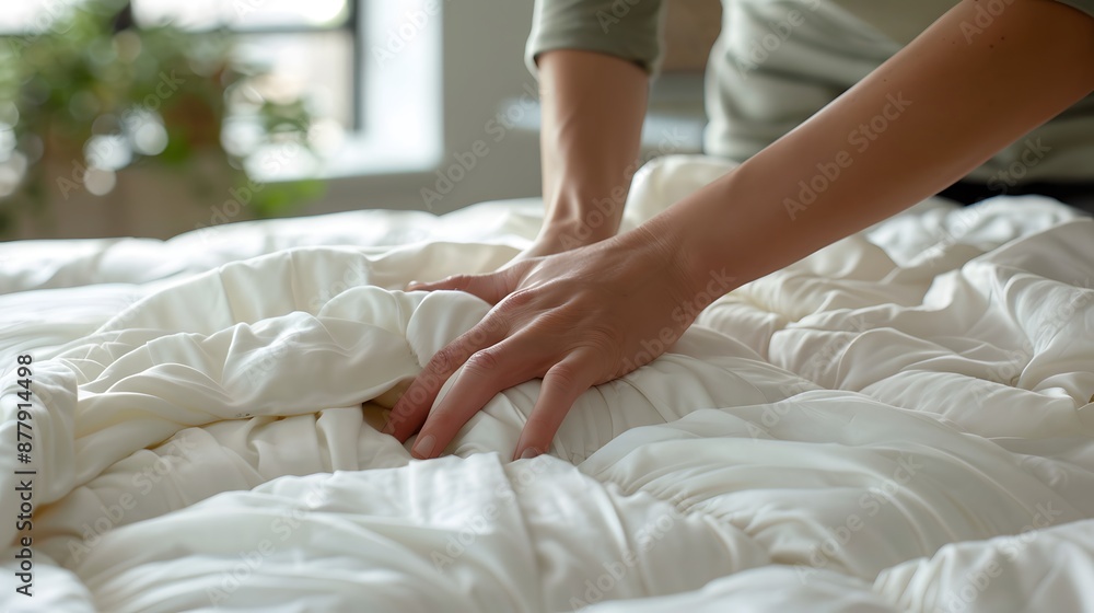 Changing Bed Sheets: Hands spreading fresh sheets over a mattress, making the bed.
Changing Bed Sheets: Hands spreading fresh sheets over a mattress, making the bed.