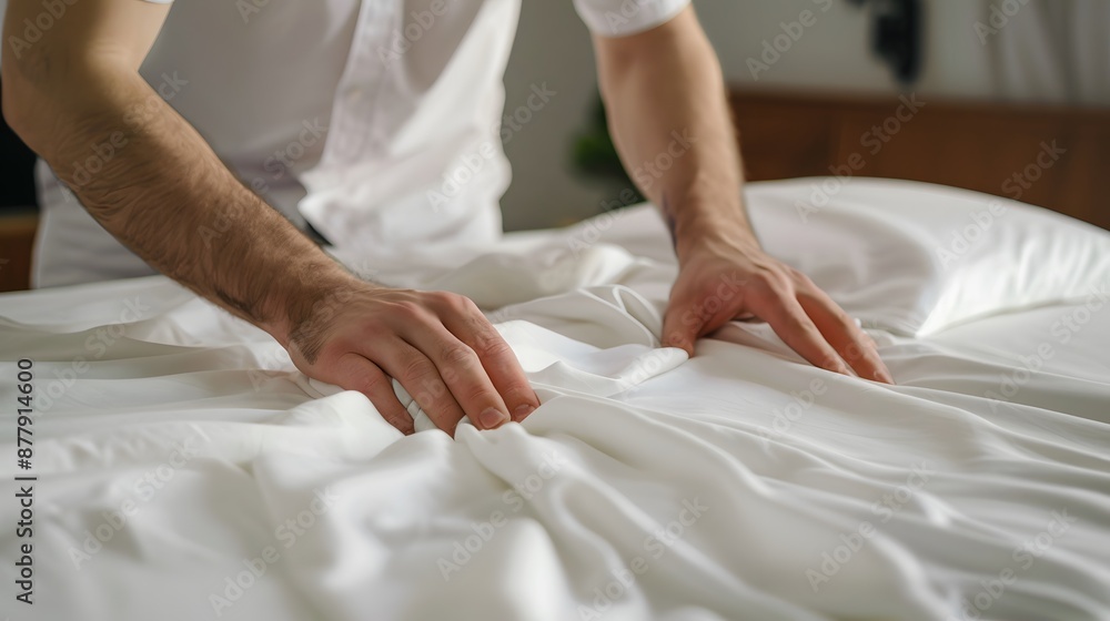 Changing Bed Sheets: Hands spreading fresh sheets over a mattress, making the bed.
Changing Bed Sheets: Hands spreading fresh sheets over a mattress, making the bed.