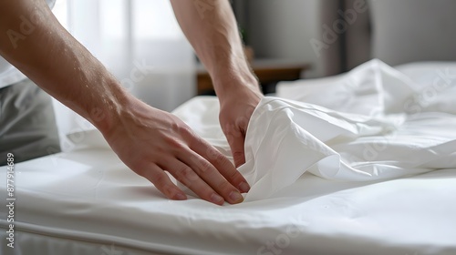 Changing Bed Sheets: Hands spreading fresh sheets over a mattress, making the bed. 